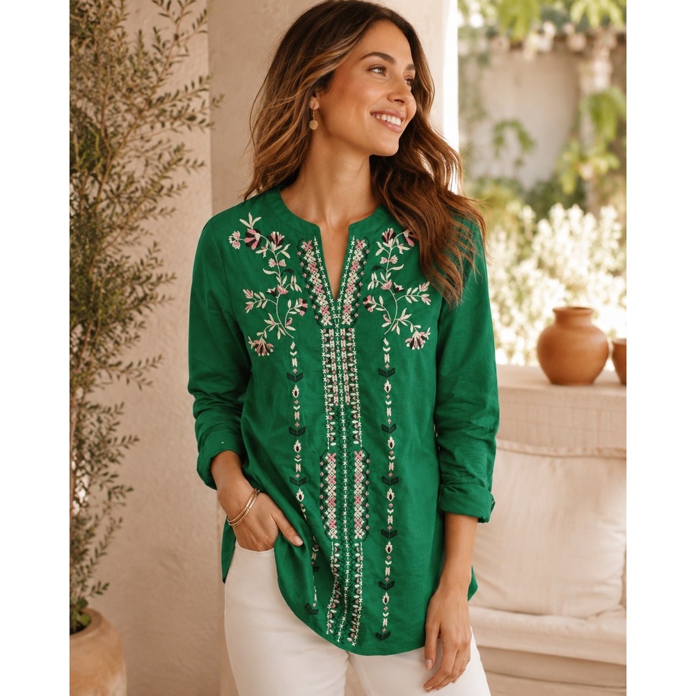 J. Jill Green Cotton Tunic Blouse XS‎ Floral Embroidered Split Neck Boho